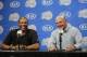 New Los Angeles Clippers owner Steve Ballmer, right, and head coach Doc Rivers share a laughter during a news conference held after the Clippers Fan Festival on Monday, Aug. 18, 2014, in LA. Ballmer paid a record $2 billion for the team in a sale that was confirmed by a judge last week. (AP Photo/Jae C. Hong)