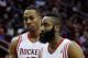 HOUSTON, TX - MARCH 01: Dwight Howard #12 and James Harden #13 of the Houston Rockets walk across the court during the game against the Detroit Pistons at the Toyota Center on March 1, 2014 in Houston, Texas. NOTE TO USER: User expressly acknowledges and agrees that, by downloading and or using this photograph, User is consenting to the terms and conditions of the Getty Images License Agreement. (Photo by Scott Halleran/Getty Images)