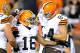 CLEVELAND, OH - AUGUST 23: Andrew Hawkins #16 celebrates his touchdown with Alex Mack #55 and Jordan Cameron #84 of the Cleveland Browns during the second quarter against the St. Louis Rams at FirstEnergy Stadium on August 23, 2014 in Cleveland, Ohio. (Photo by Joe Sargent/Getty Images)