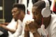 SAN ANTONIO, TX - JUNE 13: Norris Cole #30 of the Miami Heat and Mario Chalmers #15 of the Miami Heat are seen in the locker room prior to Game Four of the 2013 NBA Finals between the Miami Heat and the San Antonio Spurs on June 13, 2013 at AT&T Center in San Antonio, Texas. NOTE TO USER: User expressly acknowledges and agrees that, by downloading and or using this photograph, User is consenting to the terms and conditions of the Getty Images License Agreement. Mandatory Copyright Notice: Copyright 2013 NBAE (Photo by Issac Baldizon/NBAE via Getty Images)