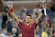 Aug 25, 2014; New York, NY, USA; Novak Djokovic (SRB) celebrates recording match point in his match against Diego Schwartzman (ARG) on day one of the 2014 U.S. Open tennis tournament at USTA Billie Jean King National Tennis Center. Mandatory Credit: Susan Mullane-USA TODAY Sports
