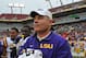 TAMPA, FL - JANUARY 1: Coach Les Miles of the LSU Tigers waits for an end-of-game official's ruling before celebrating a 21 - 14 victory against the Iowa Hawkeyes January 1, 2014 in the Outback Bowl at Raymond James Stadium in Tampa, Florida. LSU won 21 - 14. (Photo by Al Messerschmidt/Getty Images)