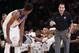 U.S. coach Mike Krzyzewski calls to guard DeMar DeRozan (9) in the first half of an exhibition basketball game against the Dominican Republic at Madison Square Garden in New York, Wednesday, Aug. 20, 2014. (AP Photo/Kathy Willens)