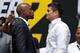 LOS ANGELES, CA - JULY 17: Floyd Mayweather Jr and Marcos Maidana face off during a news conference at the Pershing Square in Downtown Los Angeles on July 17, 2014 in Los Angeles, California. (Photo by Joe Scarnici/Getty Images)