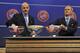 NYON, SWITZERLAND - AUGUST 08: UEFA General Secretary Gianni Infantino and UEFA Competition Director Giorgio Marchetti proceed to the 2014/15 UEFA Europa League Play-off round draw at the UEFA headquarters, The House of European Football, on August 8, 2014 in Nyon, Switzerland. (Photo by Harold Cunningham/Getty Images)