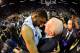 SAN ANTONIO, TX - JUNE 15: Head Coach Gregg Popovich and Tim Duncan #21 of the San Antonio Spurs celebrate after a win against the Miami Heat in Game Five of the 2014 NBA Finals on June 15, 2014 at AT&T Center in San Antonio, Texas. NOTE TO USER: User expressly acknowledges and agrees that, by downloading and or using this photograph, User is consenting to the terms and conditions of the Getty Images License Agreement. Mandatory Copyright Notice: Copyright 2014 NBAE (Photo by Jesse D. Garrabrant/NBAE via Getty Images)