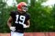 Jul 28, 2014; Berea, OH, USA; Cleveland Browns wide receiver Miles Austin (19) during training camp at Cleveland Browns training facility. Mandatory Credit: Andrew Weber-USA TODAY Sports