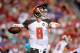 Aug 16, 2014; Tampa, FL, USA; Tampa Bay Buccaneers quarterback Mike Glennon (8) drops back to pass in the third quarter as the Miami Dolphins beat the Buccaneers 20-14 at Raymond James Stadium. Mandatory Credit: David Manning-USA TODAY Sports