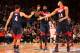 NEW YORK, NY - AUGUST 22: Teammates Stephen Curry #4, James Harden #13, and Anthony Davis #14 of the USA Basketball Men's National Team high-five during a game against the Puerto Rico Basketball Men's National Team on August 22, 2014 at Madison Square Garden in New York, New York. NOTE TO USER: User expressly acknowledges and agrees that, by downloading and/or using this Photograph, user is consenting to the terms and conditions of the Getty Images License Agreement. Mandatory Copyright Notice: Copyright 2014 NBAE (Photo by Nathaniel S. Butler/NBAE via Getty Images)