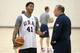 Derrick Rose, left, talks with assistant coach Tom Thibodeau during a practice of the men's U.S. National basketball team Thursday, Aug. 14, 2014, in Chicago. The U.S. team will face the Brazilian team in an exhibition game at the United Center in Chicago Saturday. (AP Photo/Charles Rex Arbogast)