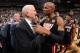 SAN ANTONIO, TX - JUNE 15: Gregg Popovich of the San Antonio Spurs and Ray Allen #34 of the Miami Heat embrace after the San Antonio Spurs' victory in Game Five and winning the 2014 NBA Finals between the Miami Heat and San Antonio Spurs at AT&T Center on June 15, 2014 in San Antonio, Texas. NOTE TO USER: User expressly acknowledges and agrees that, by downloading and/or using this photograph, user is consenting to the terms and conditions of the Getty Images License Agreement. Mandatory Copyright Notice: Copyright 2014 NBAE (Photo by Andrew D Bernstein/NBAE via Getty Images)
