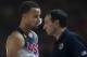 United States's Stephen Curry, leaves the pitch as crosses beside coach Mike Krzyzewski, right, during the Group C Basketball World Cup match against Finland in Bilbao northern Spain, Saturday, Aug. 30, 2014. The 2014 Basketball World Cup competition will take place in various cities in Spain from Aug. 30 through to Sept. 14. (AP Photo/Alvaro Barrientos)