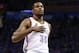 Oklahoma City Thunder forward Kevin Durant (35) taps his chest after hitting a foul shot in the first quarter of Game 3 of an NBA basketball playoff series of the Western Conference finals against the San Antonio Spurs, Sunday, May 25, 2014, in Oklahoma City. (AP Photo/Sue Ogrocki)