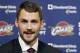 Cleveland Cavaliers' Kevin Love answers questions during his introductory news conference at the NBA basketball team's practice facility in Independence, Ohio Tuesday, Aug. 26, 2014. Love was acquired from the Minnesota Timberwolves in a three-team trade that was finalized over the weekend. (AP Photo/Mark Duncan)