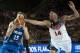 United States's Anthony Davis, right, duels for the ball beside Finland's Antero Lehto, during the Group C Basketball World Cup match between United States and Finland, in Bilbao northern Spain, Saturday, Aug. 30, 2014. The 2014 Basketball World Cup competition will take place in various cities in Spain from Aug. 30 through to Sept. 14. (AP Photo/Alvaro Barrientos)