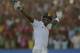 Sri Lankan cricket captain Angelo Mathews celebrates after scoring the winning run against Pakistan during their first test cricket match in Galle, Sri Lanka, Sunday, Aug.10, 2014. Sri Lanka won by seven wickets. (AP Photo/Eranga Jayawardena)