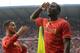 Belgium's Romelu Lukaku, right, salutes next to team mate Eden Hazard, after he scored against Luxembourg, during a friendly soccer match at the Cristal Arena stadium in Genk, eastern Belgium, Tuesday, May 26, 2014. Belgium will play against South Korea, Russia and Algeria in Group H of the World Cup 2014 in Brazil. (AP Photo/Yves Logghe)