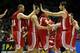 Croatia's players celebrate after winning the match against Argentina during the Group B Basketball World Cup match between Argentina and Croatia in Seville, Spain, Sunday, Aug. 31, 2014. The 2014 Basketball World Cup competition will take place in various cities in Spain from Aug. 30 through to Sept. 14. (AP Photo/Miguel Angel Morenatti)