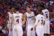 Los Angeles Clippers, from left, Matt Barnes, J.J. Redick, Blake Griffin, Chris Paul and DeAndre Jordan talk in the second half of Game 6 of the Western Conference semifinal NBA basketball playoff series against the Oklahoma City Thunder, Thursday, May 15, 2014, in Los Angeles. (AP Photo/Mark J. Terrill)