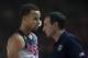 United States's Stephen Curry, leaves the pitch as crosses beside coach Mike Krzyzewski, right, during the Group C Basketball World Cup match against Finland in Bilbao northern Spain, Saturday, Aug. 30, 2014. The 2014 Basketball World Cup competition will take place in various cities in Spain from Aug. 30 through to Sept. 14. (AP Photo/Alvaro Barrientos)