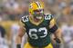 Aug 22, 2014; Green Bay, WI, USA; Green Bay Packers center Corey Linsley (63) against the Oakland Raiders at Lambeau Field. The Packers defeated the Raiders 31-21. Mandatory Credit: Kirby Lee-USA TODAY Sports