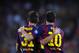 FC Barcelona's Lionel Messi from Argentina, right, reacts after scoring with his teammate Munir against Elche during a Spanish La Liga soccer match at the Camp Nou stadium in Barcelona, Spain, Sunday, Aug. 24, 2014. (AP Photo/Manu Fernandez)