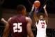 Nov 20, 2013; Garland, TX, USA; Southern Methodist Mustangs center Yanick Moreira (35) shoots against Texas State Bobcats forward Joel Wright (25) during the first half of a NCAA mens basketball game at the Curtis Culwell Center. Mandatory Credit: Jim Cowsert-USA TODAY Sports