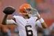 Cleveland Browns quarterback Brian Hoyer warms up before a preseason NFL football game against the Chicago Bears Thursday, Aug. 28, 2014, in Cleveland. (AP Photo/Tony Dejak)