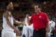Unites States's coach Mike Krzyzewski, gives instructions beside US player Derrick Rose, during the Group C Basketball World Cup match between United States and New Zealand, in Bilbao northern Spain, Tuesday, Sept. 2, 2014. The 2014 Basketball World Cup competition take place in various cities in Spain from Aug. 30 through to Sept. 14. United States won 98-71. (AP Photo/Alvaro Barrientos)