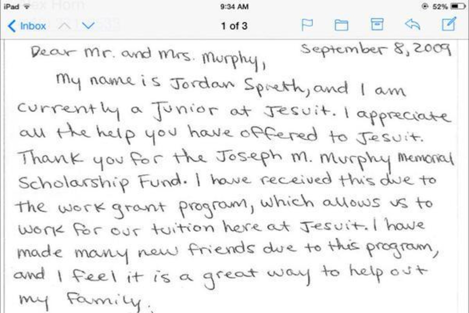 Jordan Spieth Sent Handwritten Letter Of Thanks After Receiving HS Scholarship Jordan Spieth Sent Handwritten Letter Of Thanks After Receiving HS Scholarship