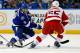 TAMPA, FL - APRIL 18: Tyler Johnson #9 of the Tampa Bay Lightning attempts to get past Niklas Kronwall #55 of the Detroit Red Wings in Game Two of the Eastern Conference Quarterfinals during the 2015 NHL Stanley Cup Playoffs at Amalie Arena on April 18, 2015 in Tampa, Florida. (Photo by Mike Carlson/Getty Images)