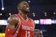 Houston Rockets center Dwight Howard (12) reacts as he walks off the floor during the first half of Game 1 of the NBA basketball Western Conference finals against the Golden State Warriors in Oakland, Calif., Tuesday, May 19, 2015. (AP Photo/Ben Margot)