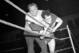 Babe Ruth, left, 240 pounds, applies his own version of a neck lock to Manuel Cortez, 200, after the Boston grappler refused to heed the Bambino’s warnings again unnecessary roughness in about at Portlance, Maine on April 2, 1945. The Babe made his debut as wrestling referee in contest between Cortez and Leo Numa, of Seattle, Wash., the winner the Babe says he dropped four pounds chasing. (AP Photo)