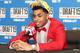 BROOKLYN, NY - JUNE 25: D'Angelo Russell, the second overall pick of the Los Angeles Lakers, talks to the media during the 2015 NBA Draft on June 25, 2015 at Barclays Center in Brooklyn, New York. NOTE TO USER: User expressly acknowledges and agrees that, by downloading and or using this photograph, User is consenting to the terms and conditions of the Getty Images License Agreement. Mandatory Copyright Notice: Copyright 2015 NBAE (Photo by Jon Lopez/NBAE via Getty Images)