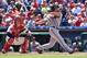 Aug 2, 2015; Philadelphia, PA, USA; Atlanta Braves second baseman Jace Peterson (8) hits a three run homer to right field during the fifth inning of the game against the Philadelphia Phillies at Citizens Bank Park. Mandatory Credit: John Geliebter-USA TODAY Sports