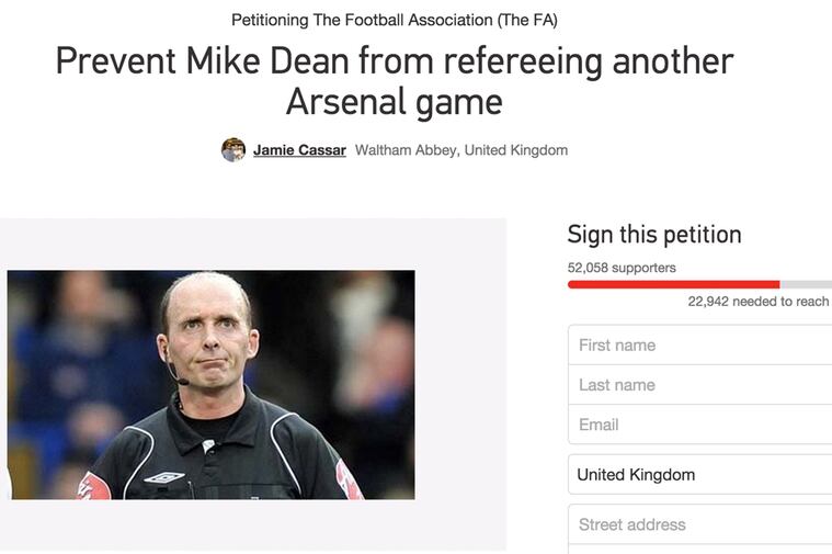 Over 50,000 Fans Sign Petition to Stop Mike Dean Refereeing Another Arsenal Game