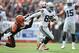 CLEVELAND, OH - SEPTEMBER 27: Amari Cooper #89 of the Oakland Raiders stiff arms Tashaun Gipson #39 of the Cleveland Browns during the second quarter at FirstEnergy Stadium on September 27, 2015 in Cleveland, Ohio. (Photo by Jason Miller/Getty Images)