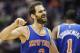 New York Knicks guard Jose Calderon (3) reacts during the first during the first quarter of a preseason NBA basketball game, Saturday, Oct. 11, 2014, in Uncasville, Conn. (AP Photo/Jessica Hill)