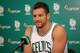 Boston Celtics player David Lee listens to a question during the Boston Celtics media day at their training facility in Waltham, Mass., Friday, Sept. 25, 2015. (AP Photo/Mary Schwalm)
