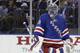 New York Rangers goalie Henrik Lundqvist (30) skates back to the crease during a break in play against the Tampa Bay Lightning during the third period of Game 5 of the Eastern Conference final during the NHL hockey Stanley Cup playoffs, Sunday, May 24, 2015, in New York. The Lightning won 2-0. (AP Photo/Frank Franklin)