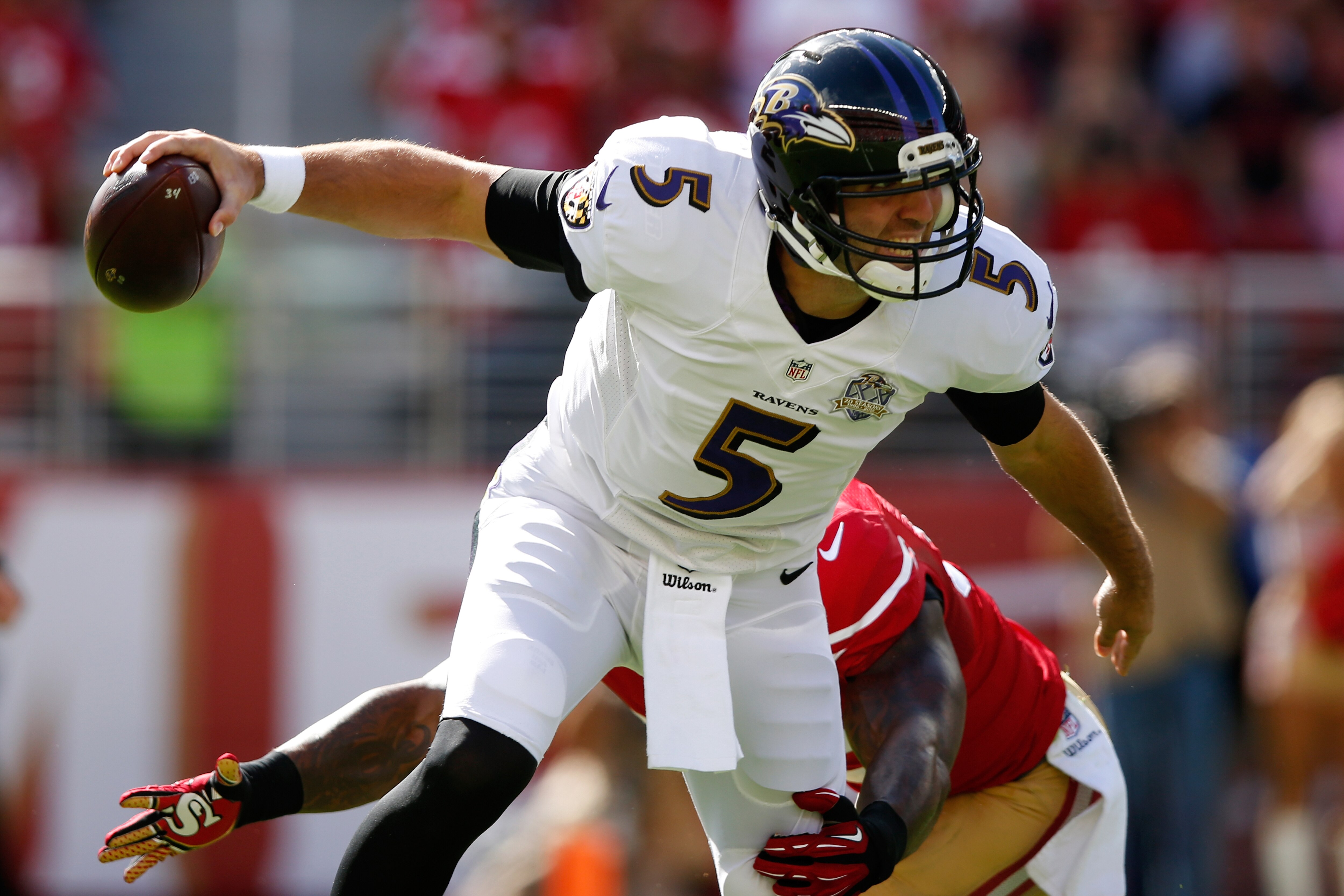 SANTA CLARA, CA - OCTOBER 18:  Quarterback Joe Flacco #5 of the Baltimore Ravens is hit by inside linebacker NaVorro Bowman #53 of the San Francisco 49ers during their NFL game at Levi's Stadium on October 18, 2015 in Santa Clara, California.  (Photo by Ezra Shaw/Getty Images)