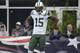 New York Jets wide receiver Brandon Marshall (15) stands on the field during warmup before an NFL football game, Sunday, Oct. 25, 2015, in Foxborough, Mass. (AP Photo/Steven Senne)