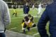 Michigan tight end Jake Butt, bottom, reacts after losing 27-23 to Michigan State in an NCAA college football gamein Ann Arbor, Mich., Saturday, Oct. 17, 2015. (AP Photo/Tony Ding)