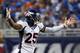 Denver Broncos cornerback Chris Harris (25) reacts to a play against the Detroit Lions during the first half of an NFL football game, Sunday, Sept. 27, 2015, in Detroit. (AP Photo/Paul Sancya)