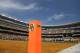An end zone marker at McLane Stadium before the Baylor West Virginia matchup at an NCAA college football game, Saturday, Oct 17, 2015, in Waco, Texas. (AP Photo/Rod Aydelotte)