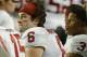 Oklahoma quarterback Baker Mayfield (6) and wide receiver Sterling Shepard (3) look up at the scoreboard during the second half of the Orange Bowl NCAA college football semifinal playoff game against Clemson, Thursday, Dec. 31, 2015, in Miami Gardens, Fla. (AP Photo/Lynne Sladky)