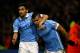 WATFORD, ENGLAND - JANUARY 02: Sergio Aguero of Manchester City (r) celebrates with Jesus Navas of Manchester City after scoring his side's second goal during the Barclays Premier League match between Watford and Manchester City at Vicarage Road on January 2, 2016 in Watford, England. (Photo by Ian Walton/Getty Images)