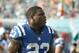 Indianapolis Colts running back Frank Gore (23) rests on the sidelines during the second half of an NFL football game against the Miami Dolphins, Sunday, Dec. 27, 2015, in Miami Gardens, Fla. (AP Photo/Lynne Sladky)