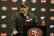 San Francisco 49ers head coach Jim Tomsula speaks at a news conference after an NFL football game against the Cincinnati Bengals in Santa Clara, Calif., Sunday, Dec. 20, 2015. (AP Photo/Eric Risberg)