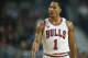 Chicago Bulls guard Derrick Rose looks on against the New Orleans Pelicans during the first half of an NBA basketball game, Saturday, Dec. 12, 2015, in Chicago. The Bulls won 98-94. (AP Photo/Kamil Krzaczynski)